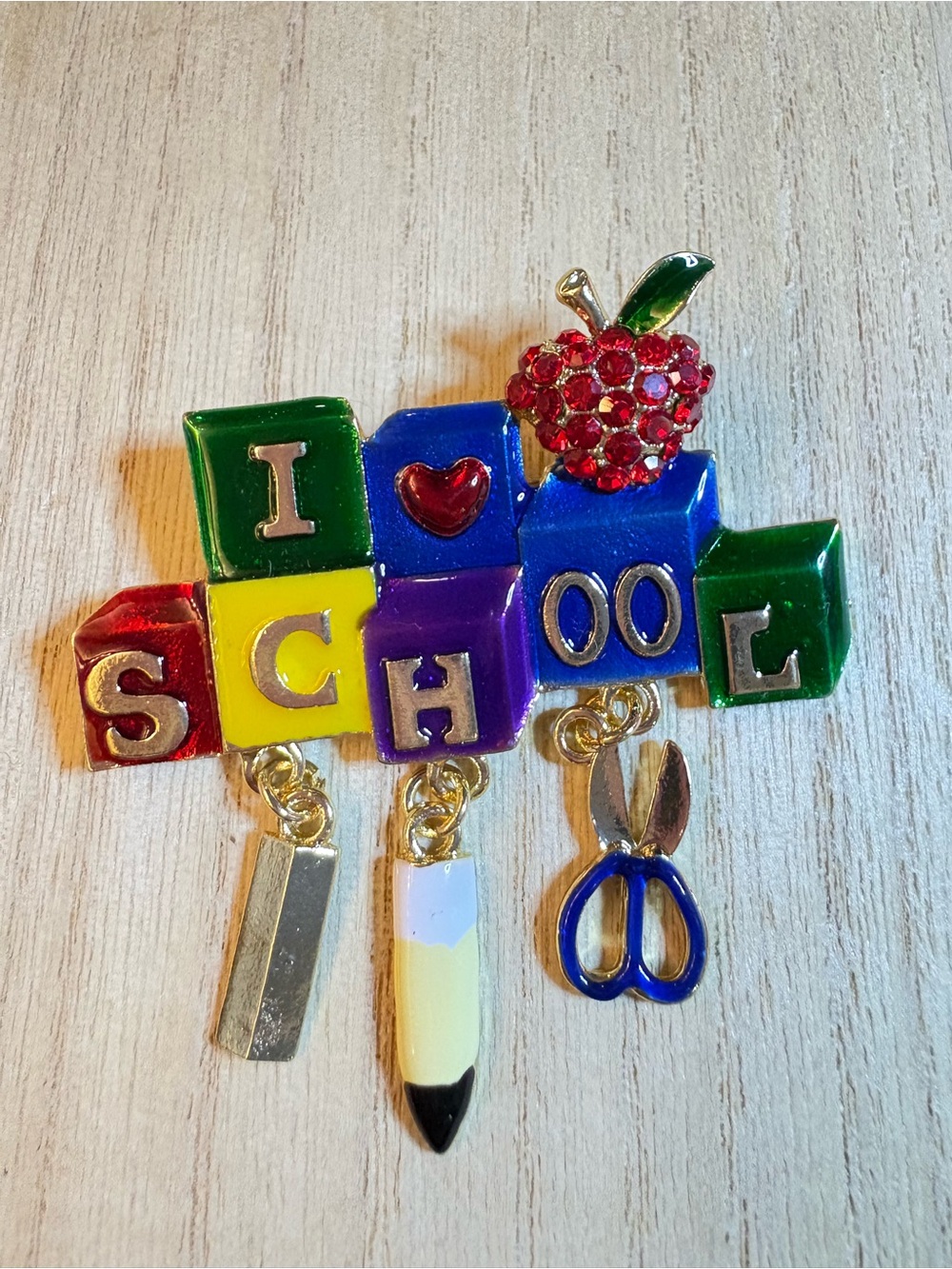 I ♥ School Colorful Block Brooch with Apple Accent